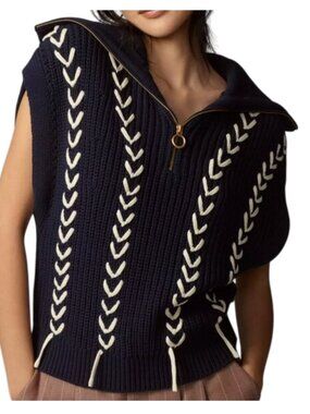 Scotch & Soda Lace Detail Half Zip Collared Sleeveless Sweater Vest S Navy White